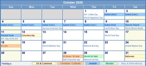 October 2020 Us Calendar With Holidays For Printing Image Format