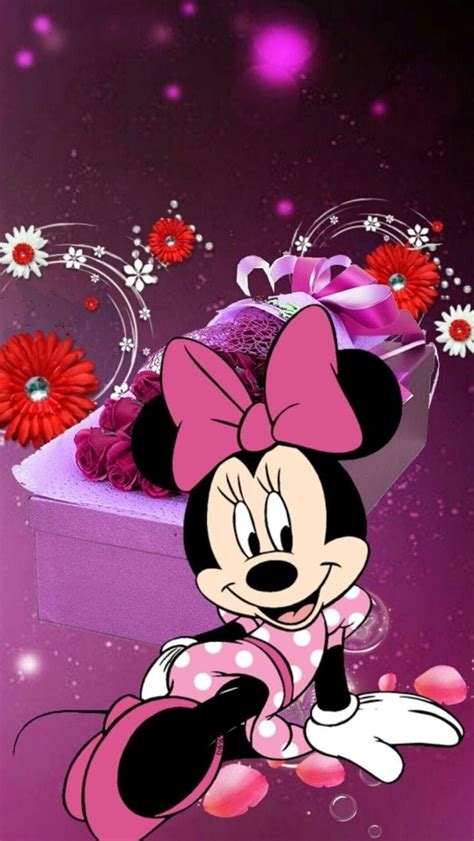 Minnie Mouse Wallpaper With Flowers In The Background And A Pink Bow On