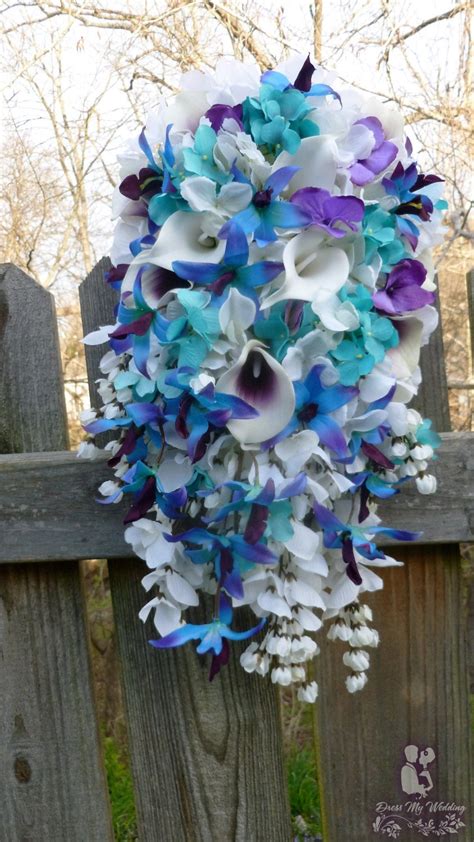 dress my wedding cascading blue orchid bouquet with turquoise and purple accent
