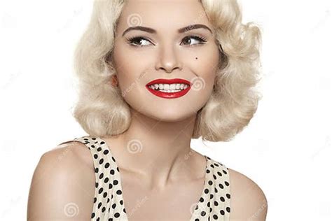 American Retro Style Beautiful Laughing Woman Model With Old Fashioned Make Up Blond Hair