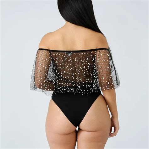 Muxu Black Sexy Transparent Mesh Jumpsuit Backless Bodysuit Women Body