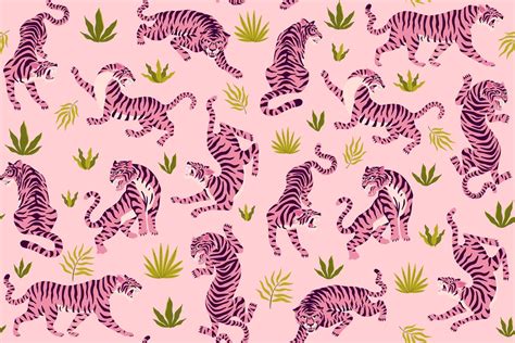 Pink Tigers And Tropical Leaves Vector Seamless Pattern With Cute