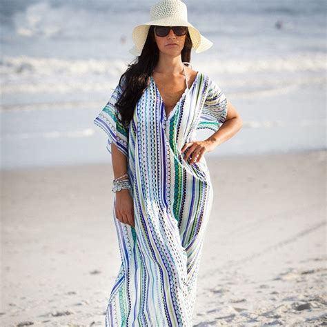 2019 Summer Sexy Print Striped Long Beach Dress Swimsuit Cover Ups Women Beach Tunic Bathing