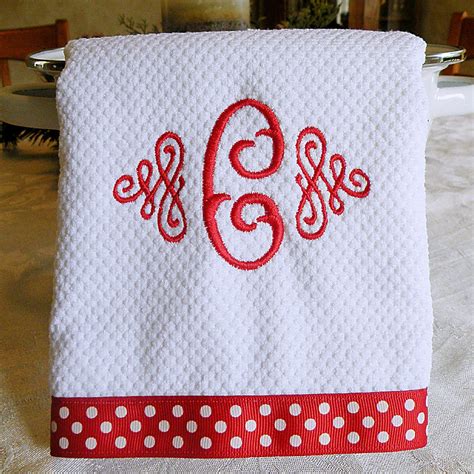 Monogrammed Kitchen Towel Dish Towel Red With White Dots