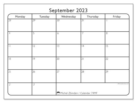 Calendar September 2023 Working Days Ss Michel Zbinden Gb