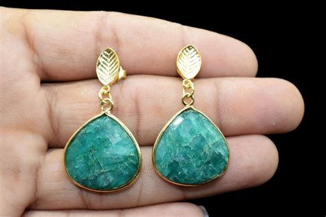 Natural Emerald Earring Gold Gemstone Bezel Earring Heart Etsy
