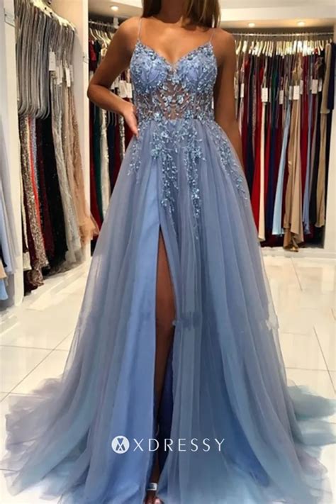 dusty blue beaded floral lace and tulle sheer prom gown xdressy
