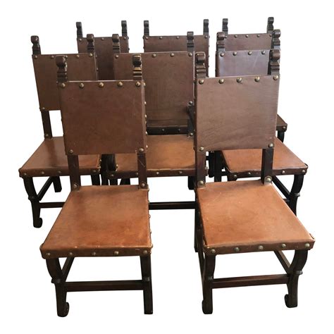 Rustic Spanish Style Leatherhardwood Dining Chairs Set Of 8 Chairish