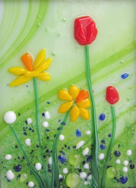 Red Tulips And Yellow Daffodils On A Spring Green Background Etsy In 2021 Fused Glass Panel