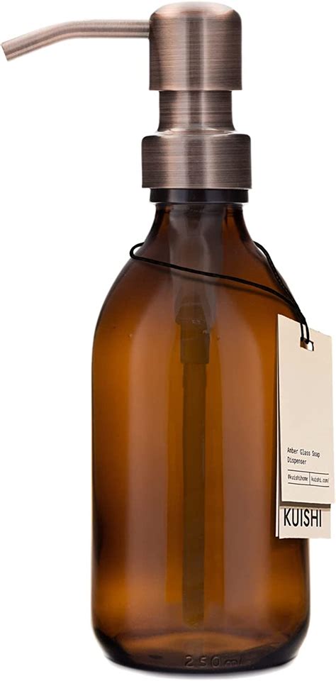 Kuishi Amber Glass Pump Bottle With Stainless Steel Pump [250ml Bronze Pump] Amber Glass Soap