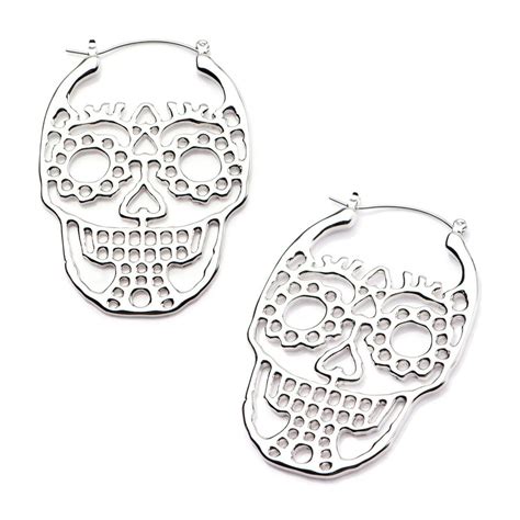 Silvertone Steel Sugar Skull Plug Hoop Earrings Alternative Jewelry