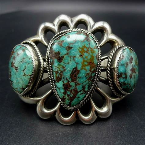 Heavy Vintage Navajo Sand Cast Sterling Silver Turquoise Cuff Bracelet
