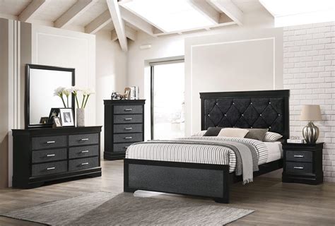 The bed has a tufted headboard and a crocodile textured footboard. Black Amalia Bedroom Set | Kids' Bedroom Sets