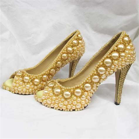 handmade gold sewn pearls and rhinestones woman bridal wedding shoes party prom event pumps