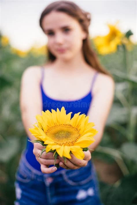 Beautiful Girl On The Field With Sunflowers In Short Shorts And A Vest