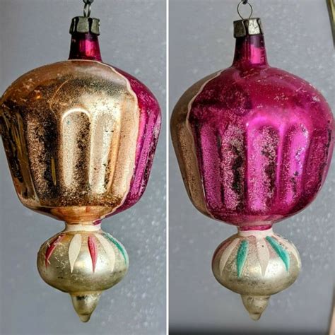 Vintage Mercury Glass Christmas Ornament Pink Gold Balloon Indents