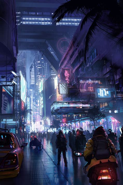 Cyberpunk Futuristic City Raining Street Lights Peopl
