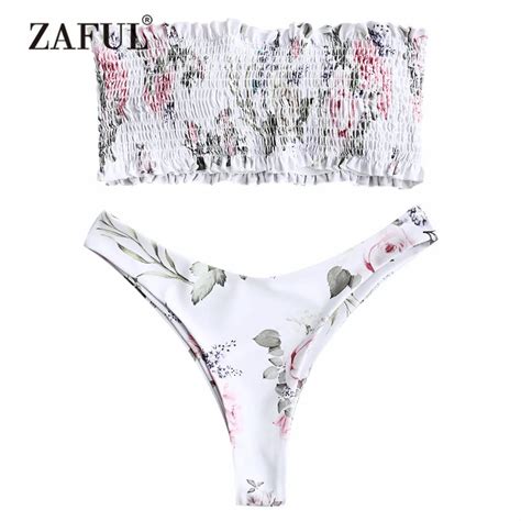 Zaful Bikini Strapless Smocked Bikini Top With Floral Bottoms Womens
