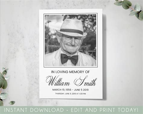 Printable funeral program template, funeral program template for man