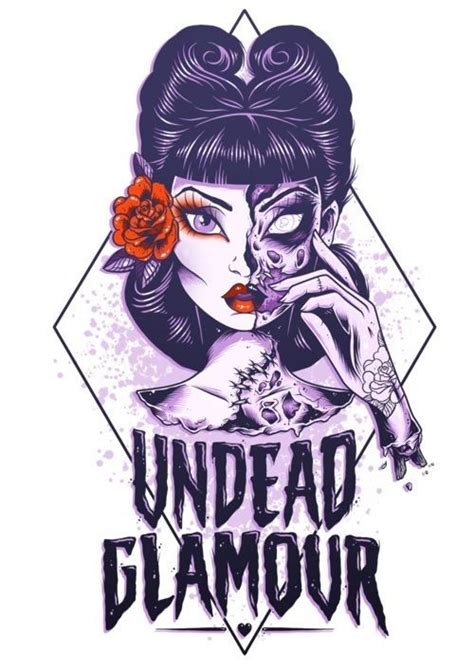 Pretty Pin Up Zombie Girl Portrait With Big Lettering Tattoo Design