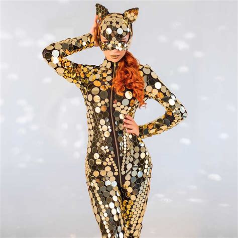 Mirror Kitty Festival Wear Disco Ball Glitter Sparkly Mirror Bodysuit “circle” Gold Costume For