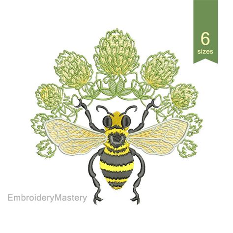 Queen Bee In Clover Honey Bee Machine Embroidery Design Etsy