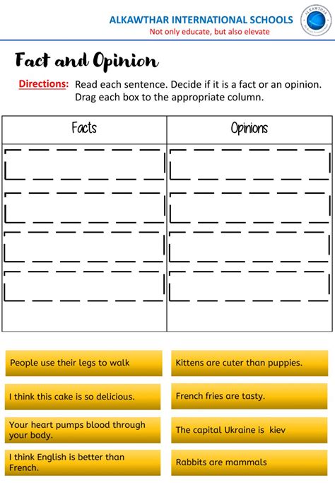 Facts and opinions worksheet