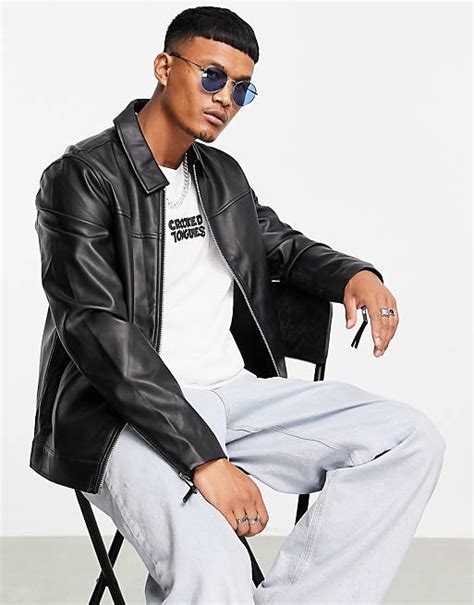 Asos Design Faux Leather Harrington Jacket In Black Asos