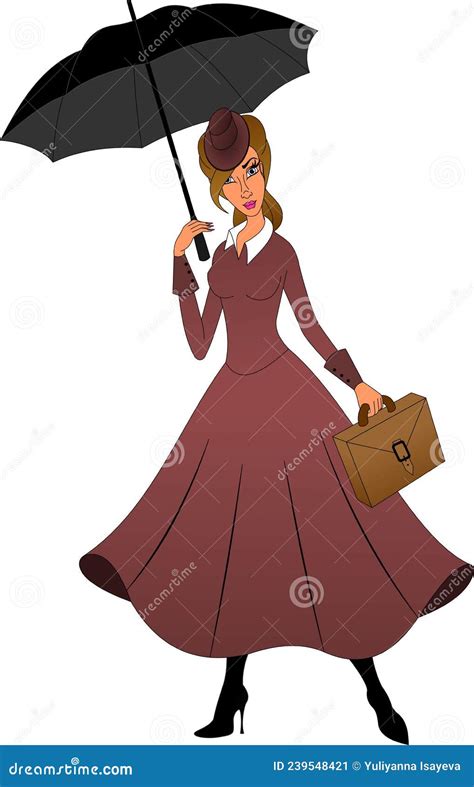 Mary Poppins With A Black Umbrella In Her Hand Cartoon Vector 239548421