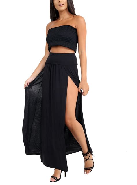 Womens Maxi Skirt Double Split High Waisted Side Slit Plain Summer Long