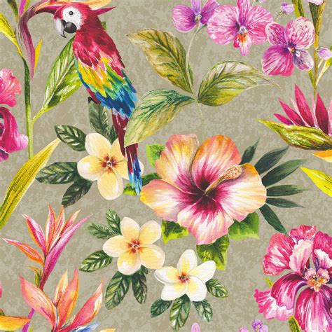 Tropical Parrot Floral Birds Metallic Effect Wallpaper