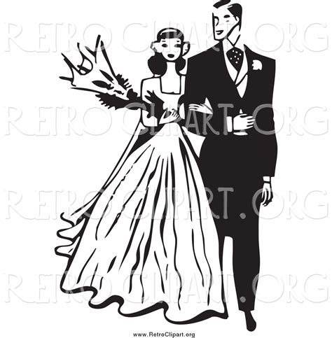 Clipart Of A Retro Black And White Wedding Couple Walking Arm In Arm By