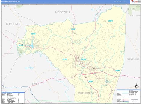 Rutherford County, NC Zip Code Wall Map Basic Style by MarketMAPS