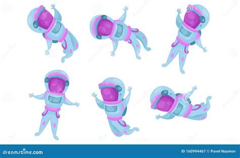 Six Astronauts Floating In Space Vector Illustrations Set Stock Vector