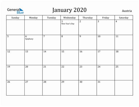 January 2020 Calendar With Austria Holidays
