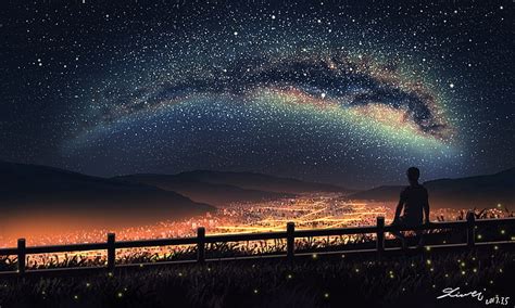 Hd Wallpaper Anime Boy Scenic Landscape Cityscape Night Stars