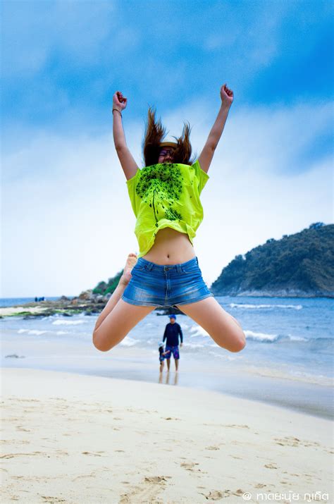 Girl Jump Woman Happy Joy Beach Phuket Thailand Sea Tourist