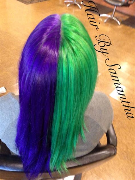Half And Half Green And Purple Hair Split Dyed Hair Purple Hair