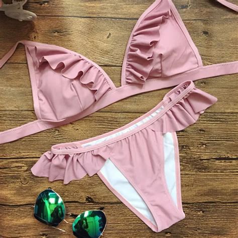 2019 Sexy Pink Bikini Set Padded Cami Frilly High Leg Cut Biquinis Cute