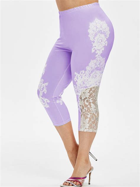 High Waisted Printed Lace Panel Plus Size Capri Leggings 61 OFF