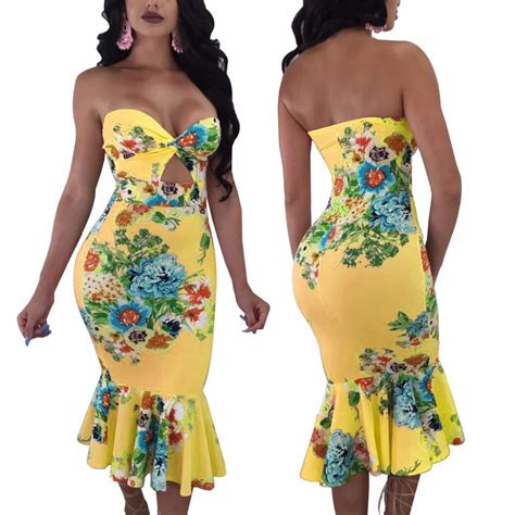 Buy 2018 Sexy Ruffles Women Bodycon Dress Printed Strapless Party Dresses