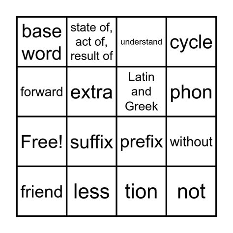 Prefix And Suffix Bingo Card