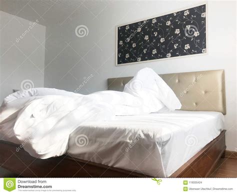 Messy Or Unmade Hotel Bed Or House Bedroom Interior Design Stock Photo Image Of Holiday
