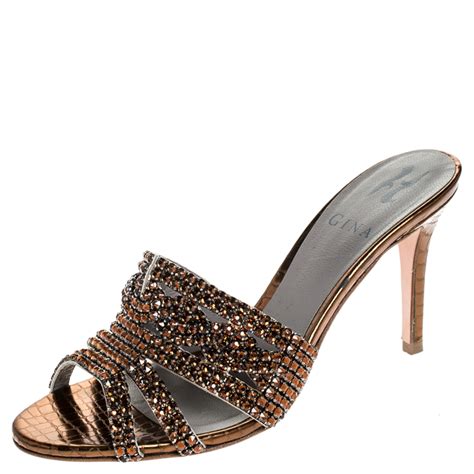 Gina Metallic Bronze Crystal Embellished Leather Slide Sandals Size 37 Gina The Luxury Closet