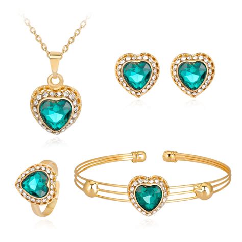 Hc Lovely Heart Girls Necklace Sets Fashion Gold Color Crystal Earrings