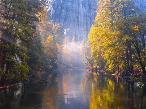 Yosemite Fall Reflections Merced River Mists Yosemite Autumn Colors Red