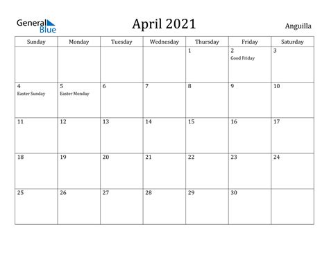 April 2021 Calendar Anguilla