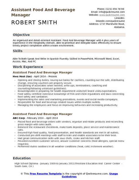 Managing food and beverage operations within budget and to the highest standards. Food And Beverage Manager Resume Objective Examples - Best Resume Ideas