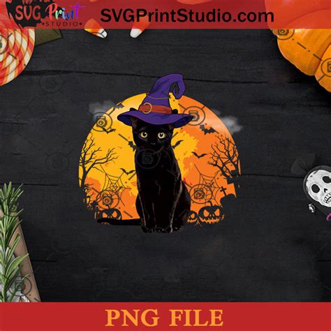 Vintage Scary Halloween Black Cat Costume Witch Hat And Moon Png Witch