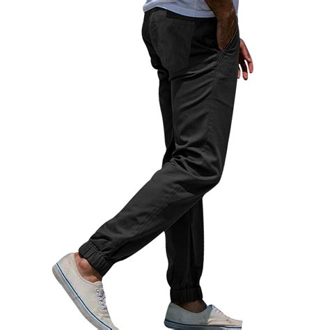 Mens Black Chino Casual Pants Elastic Twill Cargo Trousers